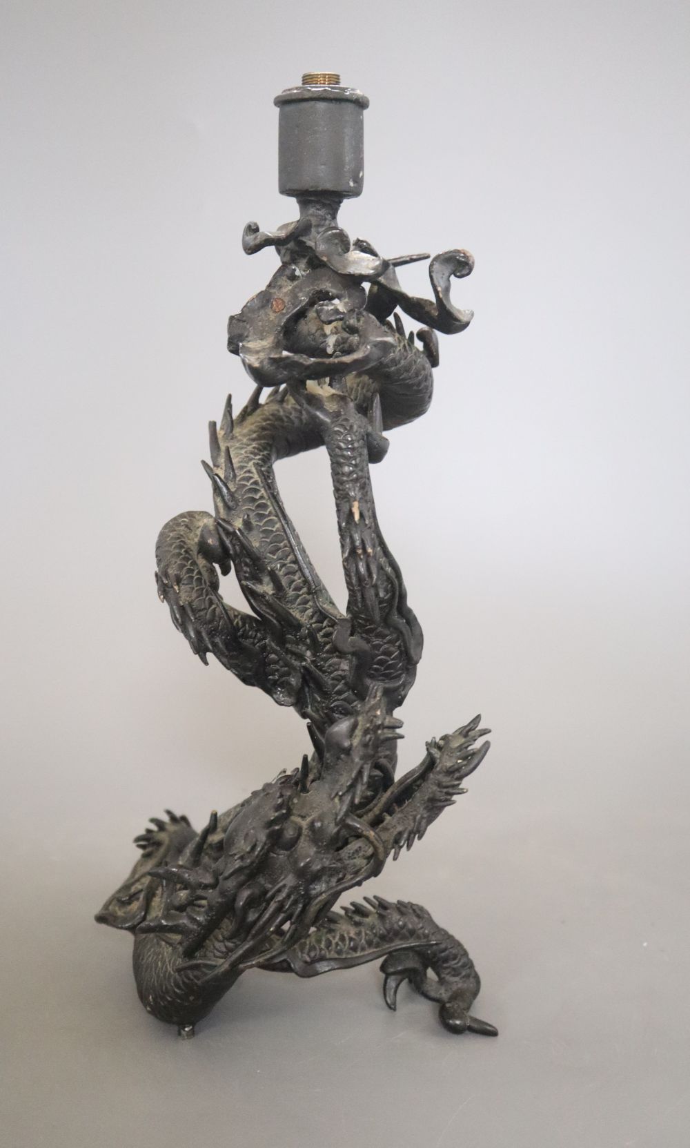 A Japanese bronze dragon figure converted to a lamp, overall height 32cm